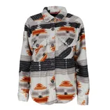 A warm, textured button-up jacket featuring an orange, gray, and black abstract pattern with two front chest pockets.