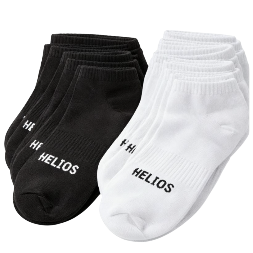A set of black and white ankle socks, each pair featuring the word \“HELIOS\“ printed on the top.