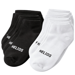 A set of black and white ankle socks, each pair featuring the word \“HELIOS\“ printed on the top.