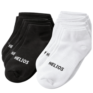 A set of black and white ankle socks, each pair featuring the word \“HELIOS\“ printed on the top.