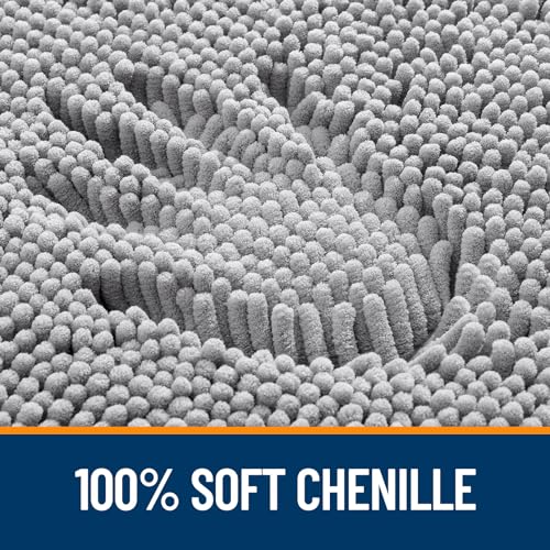 A plush, textured bath rug made from 100% soft chenille in a neutral grey color.