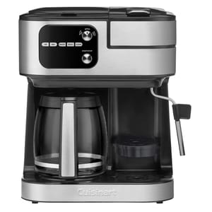 Cuisinart 4-in-1 Coffee Maker features a stainless steel design with controls for brew strength, cleaning, and a milk frother for versatile coffee options. Includes a glass carafe for drip coffee and a separate area for espresso brewing.