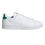 White Adidas sneaker with perforated stripes and a green heel.