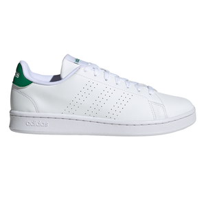 White Adidas sneaker with perforated stripes and a green heel.
