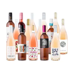 A selection of rosé wine bottles with diverse labels and designs, showcasing a variety of brands and styles.
