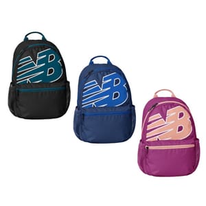 Three backpacks with different colors—black and teal, blue, and pink—each featuring a large overlapping 'NB' logo design.