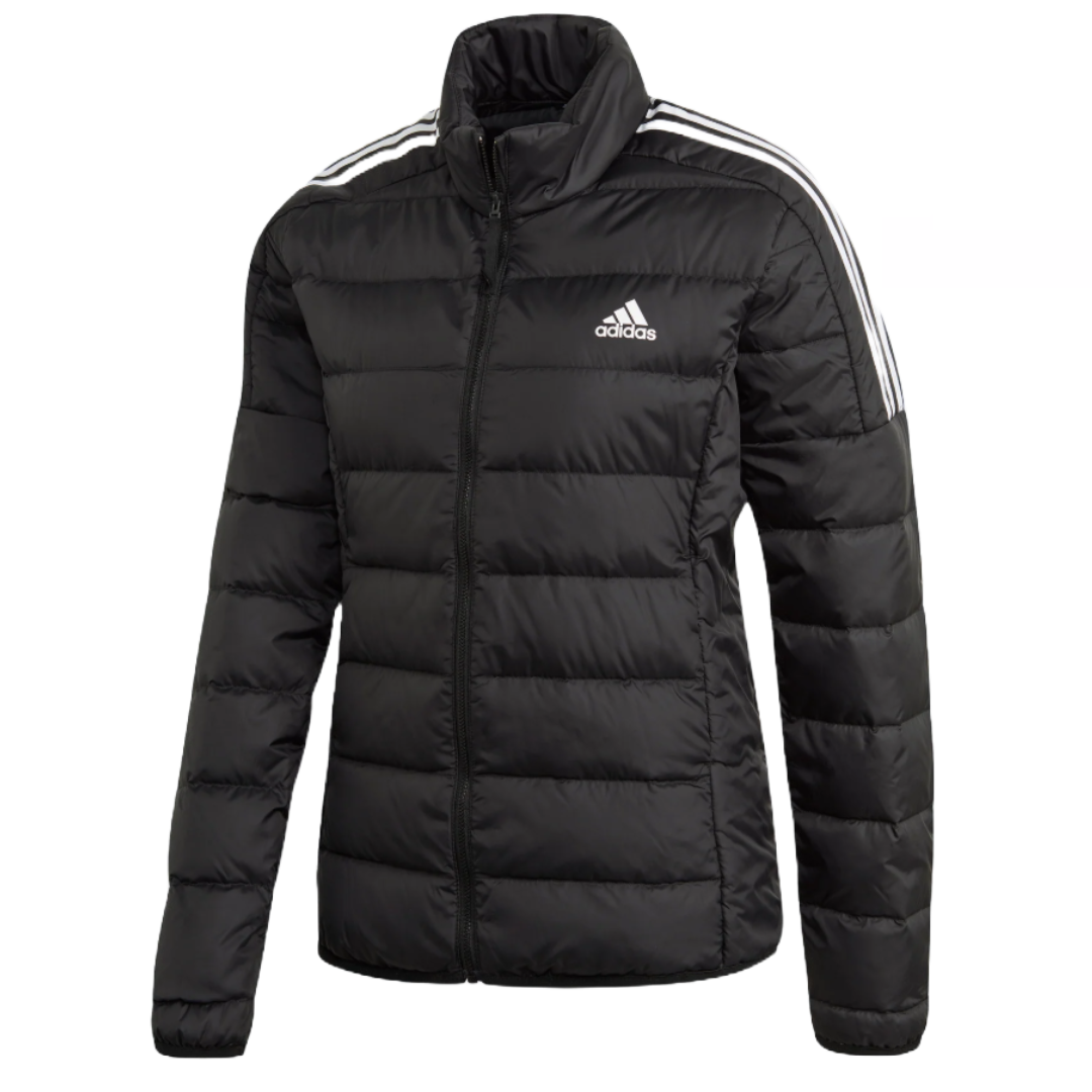 Black Adidas women's down jacket with a puffer style, featuring a front zipper, high collar, and the iconic three white stripes on the shoulders. The Adidas logo is displayed on the chest.