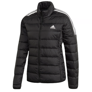 Black Adidas women's down jacket with a puffer style, featuring a front zipper, high collar, and the iconic three white stripes on the shoulders. The Adidas logo is displayed on the chest.
