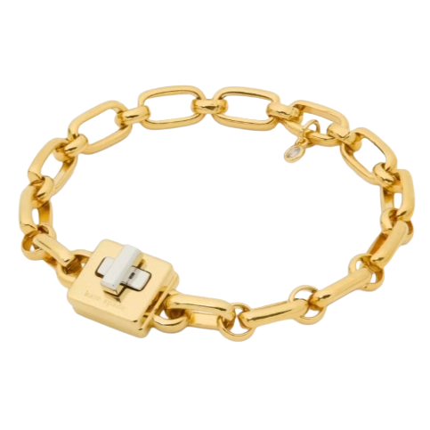 A gold chain link bracelet with a distinctive square clasp and a small dangling charm.