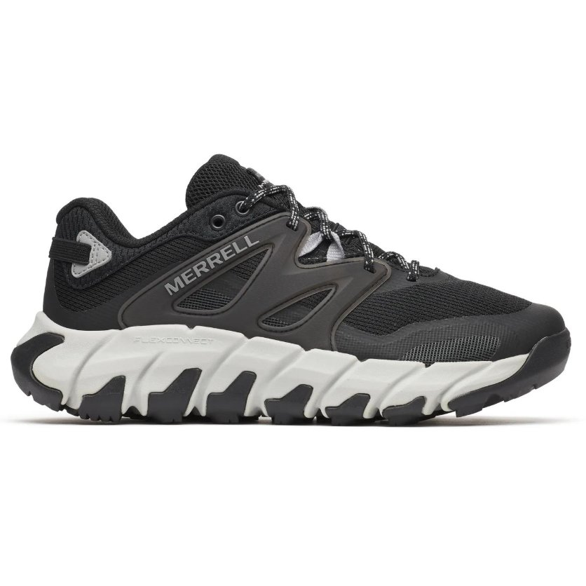 Black Merrell trail running shoe with a rugged white sole and mesh upper, featuring \“FLEXCONNECT\“ technology on the sole.