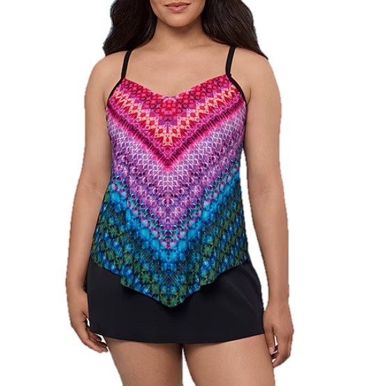 The Trimshaper Hank Tankini Swimsuit Top features a multicolored V-pattern design with shades of pink, purple, blue, and green. It has black adjustable straps and a flowy hem paired with black bottoms.