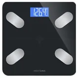 Digital bathroom scale with a blue LED display showing 126.4 lbs, featuring four sleek metallic sensors and a black surface.