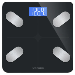 Digital bathroom scale with a blue LED display showing 126.4 lbs, featuring four sleek metallic sensors and a black surface.