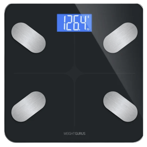 Digital bathroom scale with a blue LED display showing 126.4 lbs, featuring four sleek metallic sensors and a black surface.