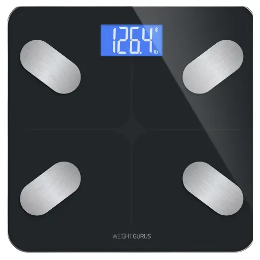 Digital bathroom scale with a blue LED display showing 126.4 lbs, featuring four sleek metallic sensors and a black surface.