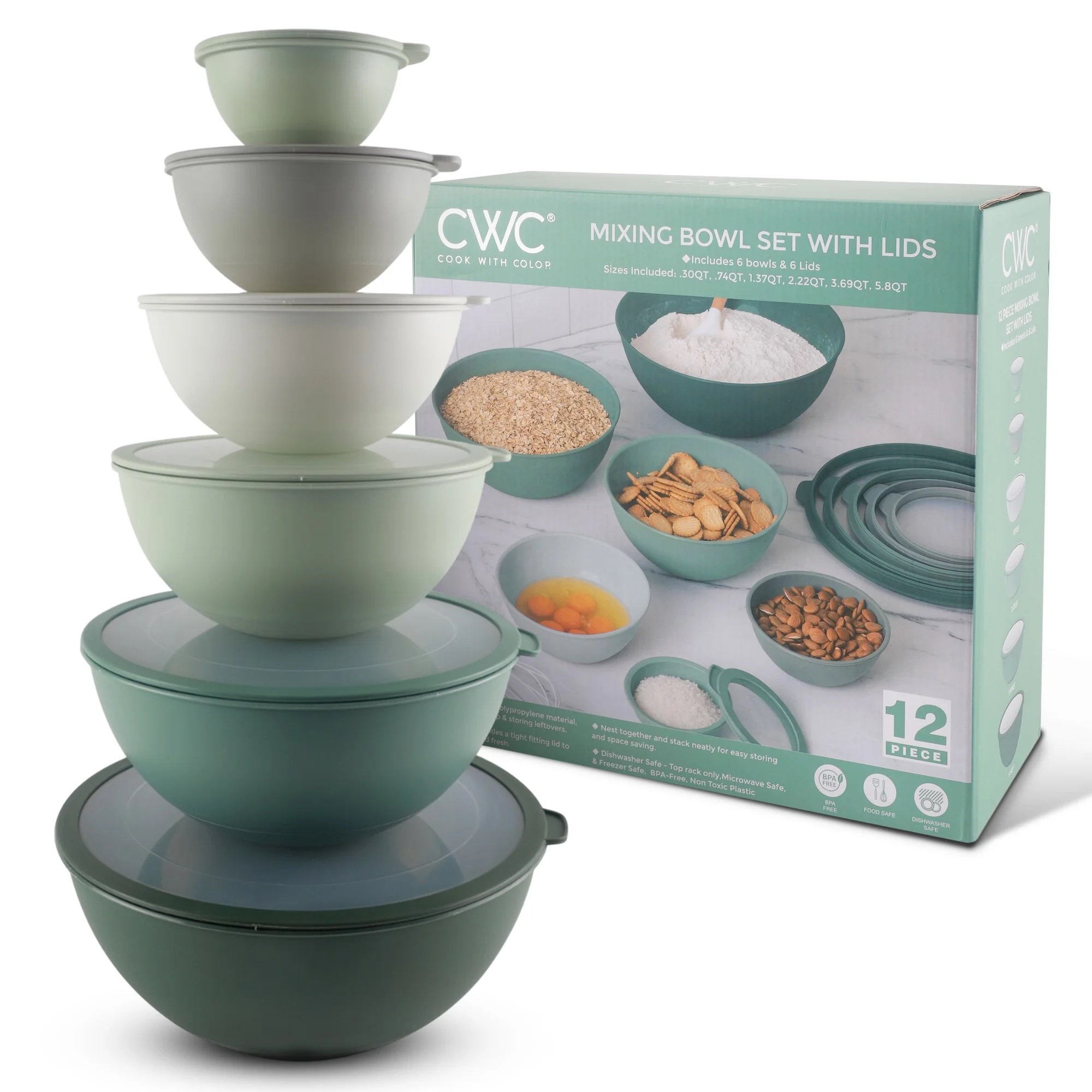 A 12-piece mixing bowl set with lids, featuring six nested bowls in shades of green. Each bowl has a lid and sizes include: 300ml, 740ml, 1370ml, 2220ml, 3690ml, and 5800ml. Ideal for kitchen storage and organization.