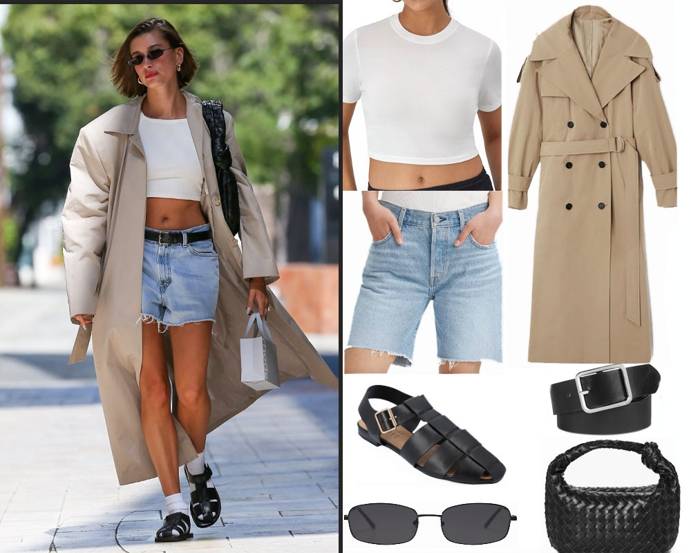 a pictured of Hailey Bieber walking down the street in an oversized trench coach, denim shorts, and a white tank besides a recreation of the same outfit