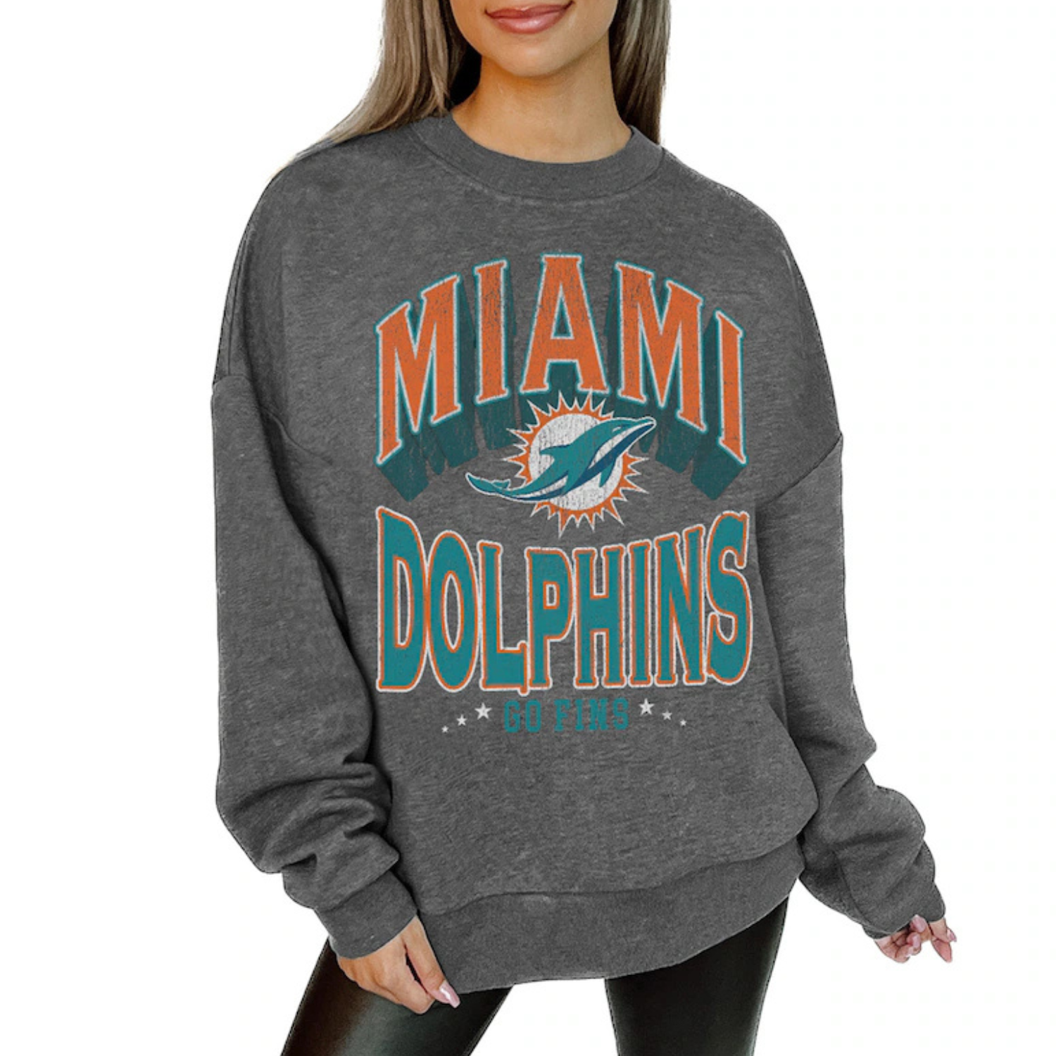 Gray sweatshirt featuring the Miami Dolphins logo and text, with \“Go Fins\“ beneath.