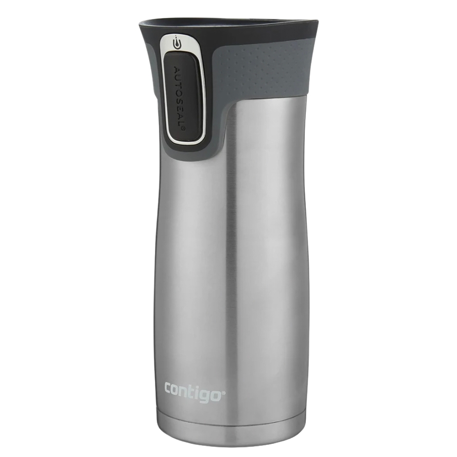 Stainless steel Contigo travel mug with a push-button AUTOSEAL lid for spill-proof drinking.