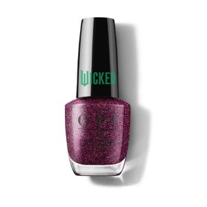 OPI Nail Lacquer with a purple glitter finish and a \“Wicked\“ design on the cap.