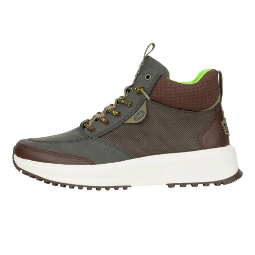 Hey Dude Tahoe Explore Boots feature a brown and gray color scheme with a high-top design, lime green lining, brown accents, and a white rugged sole, offering a casual and sturdy aesthetic.