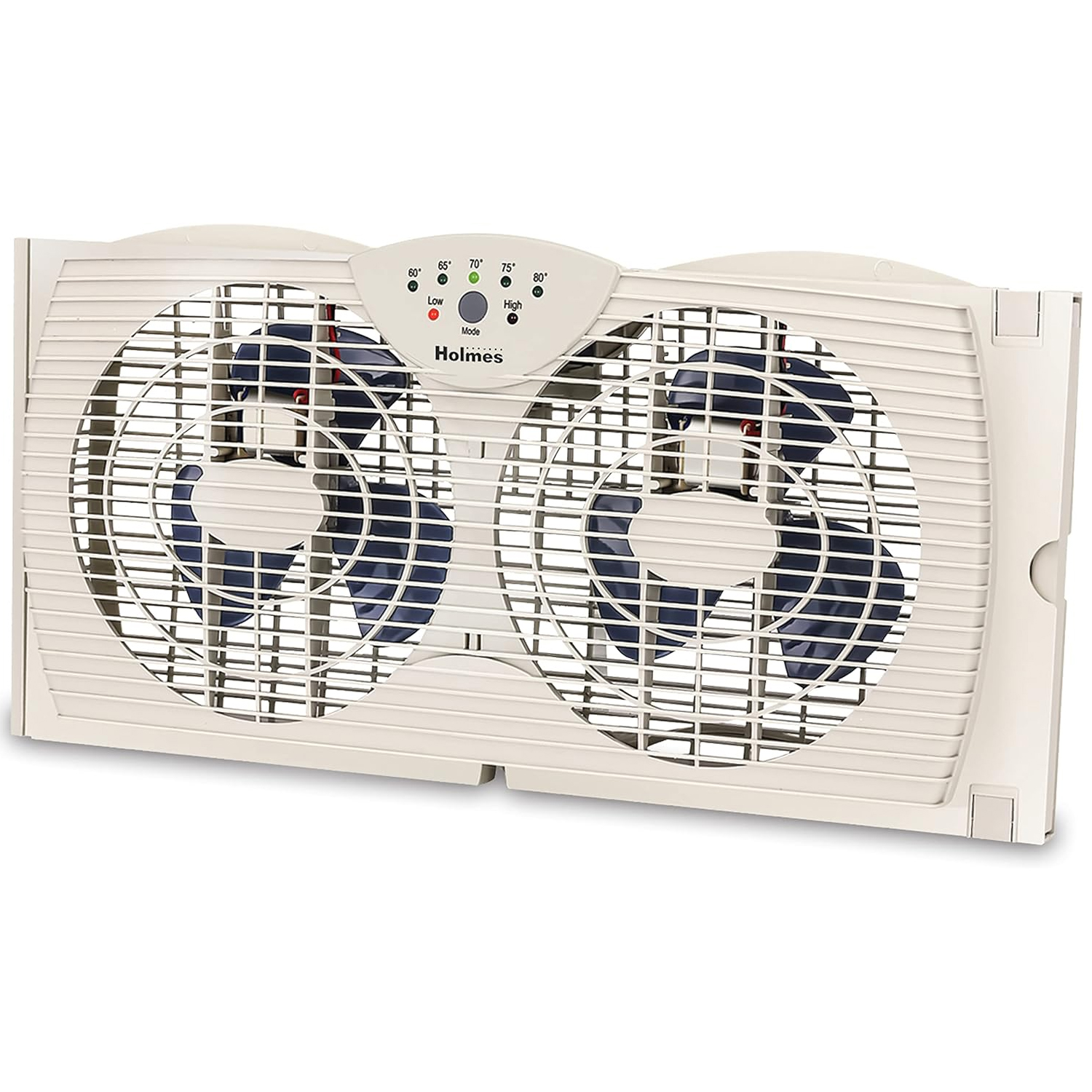 A dual-blade window fan with adjustable speed settings, designed to fit into a window. It features a control panel for temperature settings and has a white plastic housing with protective grilles over the fans.
