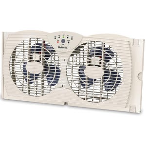 A dual-blade window fan with adjustable speed settings, designed to fit into a window. It features a control panel for temperature settings and has a white plastic housing with protective grilles over the fans.