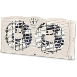 A dual-blade window fan with adjustable speed settings, designed to fit into a window. It features a control panel for temperature settings and has a white plastic housing with protective grilles over the fans.