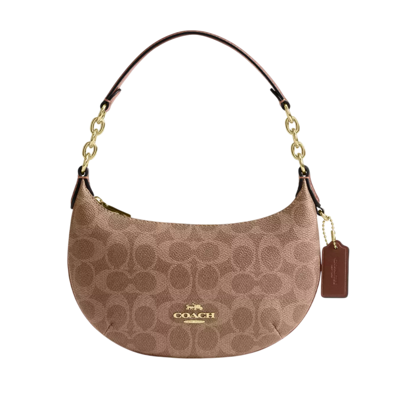 Coach bag with a curved silhouette, featuring a brown monogram pattern, gold hardware, and a leather and chain strap.