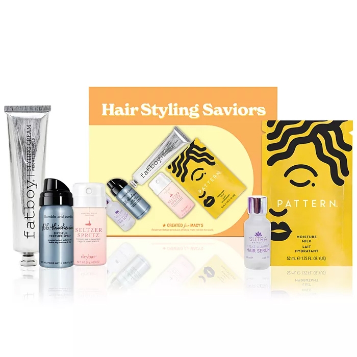 Hair Styling Saviors set includes Fatboy Styling Cream, Bumble and Bumble Thickening Spray, Drybar Seltzer Spritz, Pattern Moisture Milk, and Sutra Hair Serum.