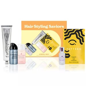 Hair Styling Saviors set includes Fatboy Styling Cream, Bumble and Bumble Thickening Spray, Drybar Seltzer Spritz, Pattern Moisture Milk, and Sutra Hair Serum.