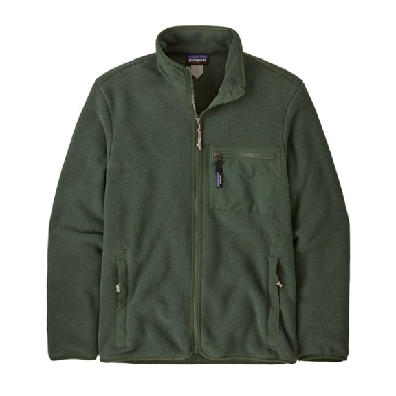 A forest green Patagonia Synchilla fleece jacket featuring a full zip, high collar, and three pockets—two hand pockets and one chest pocket with a zipper.