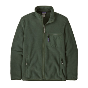 A forest green Patagonia Synchilla fleece jacket featuring a full zip, high collar, and three pockets—two hand pockets and one chest pocket with a zipper.