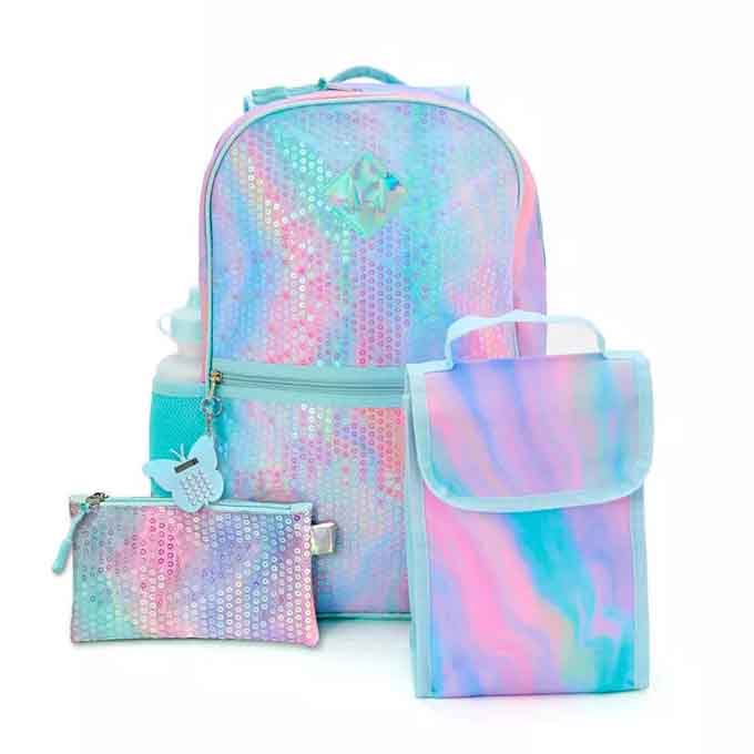 Pastel-colored backpack and lunchbox set featuring a shimmering, iridescent design with pink, blue, and purple hues. Includes a matching pencil case adorned with sequins and a butterfly-shaped zipper pull.
