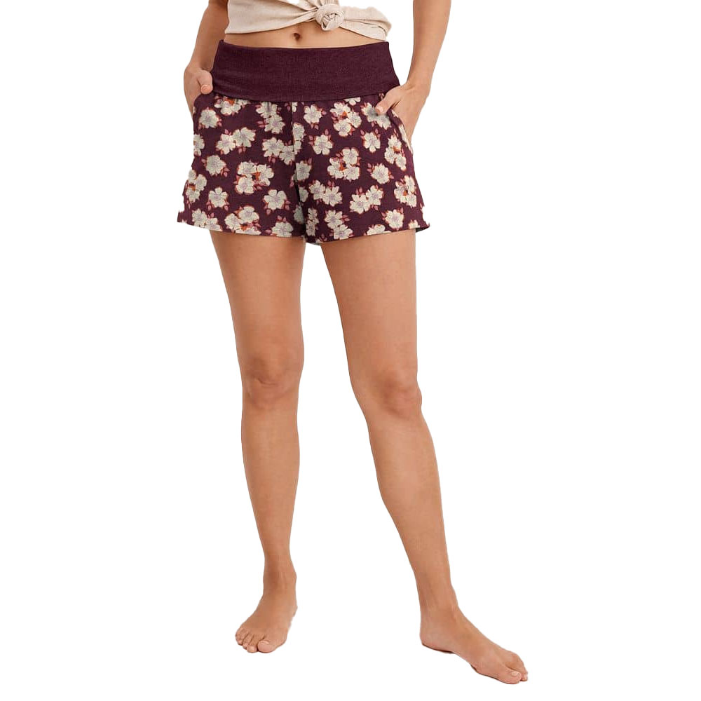 Jockey Soft Touch Luxe Foldover Shorts feature a burgundy floral pattern with a dark maroon foldover waistband, mid-thigh length, and a comfortable, relaxed fit.