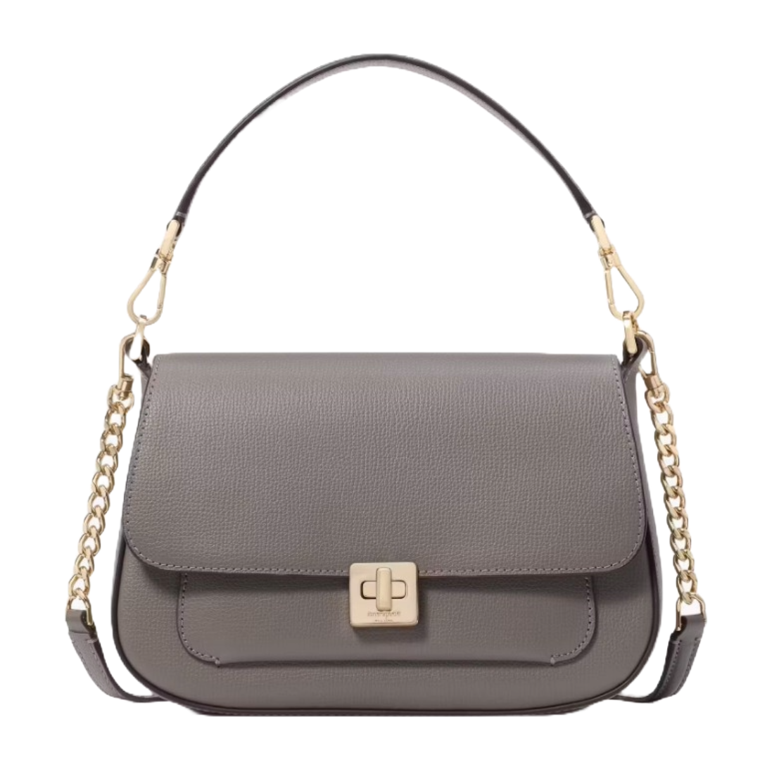 The Phoebe Small Flap Crossbody is a sleek, gray leather bag featuring a flap closure with a gold-tone twist lock, a detachable leather and chain strap, and minimalist design.