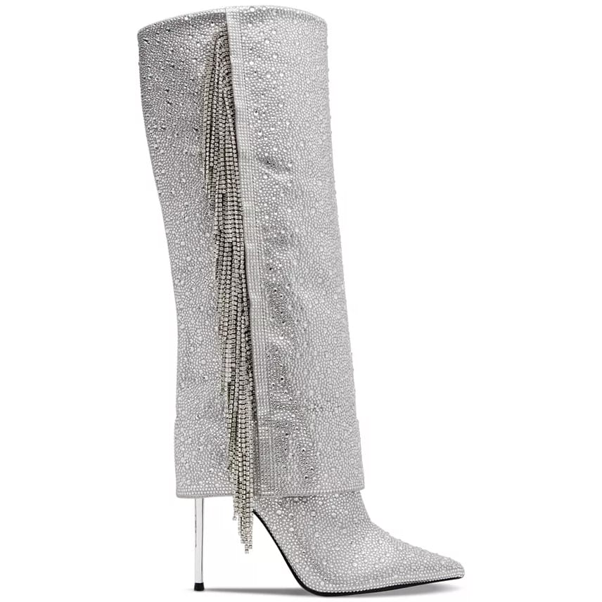 Steve Madden Rhinestone Stiletto Boots feature a pointed toe, silver rhinestone embellishments, a high stiletto heel, and dangling rhinestone chains along the side.