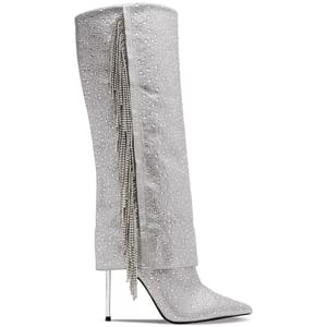 Steve Madden Rhinestone Stiletto Boots feature a pointed toe, silver rhinestone embellishments, a high stiletto heel, and dangling rhinestone chains along the side.