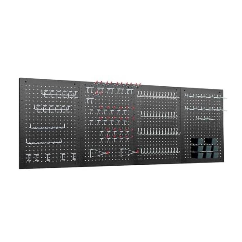 Wall-mounted metal pegboard with hooks and bins for tool organization.