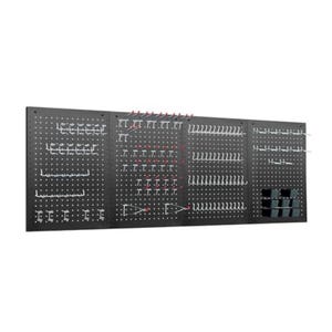 Wall-mounted metal pegboard with hooks and bins for tool organization.