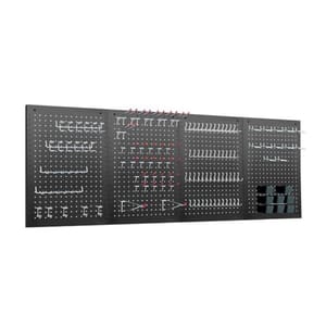 Wall-mounted metal pegboard with hooks and bins for tool organization.