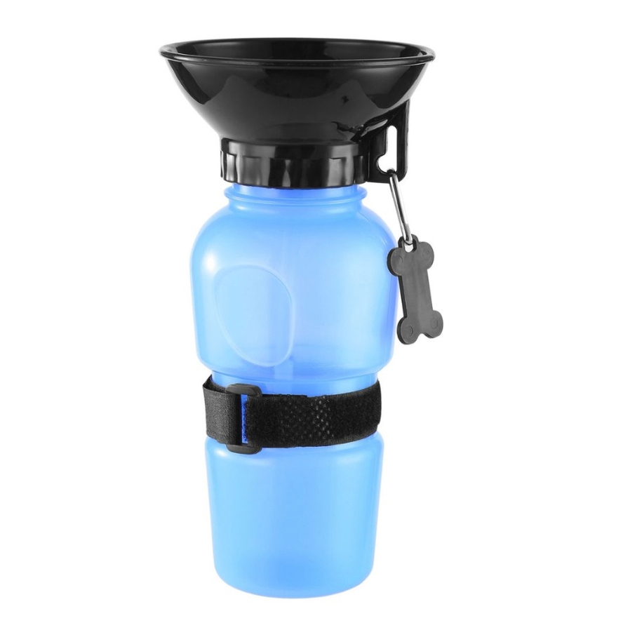 The 17oz Pet Water Bottle is a portable, blue bottle with an attached black bowl on top for easy pet hydration. It features a strap and bone-shaped charm for convenient carrying.