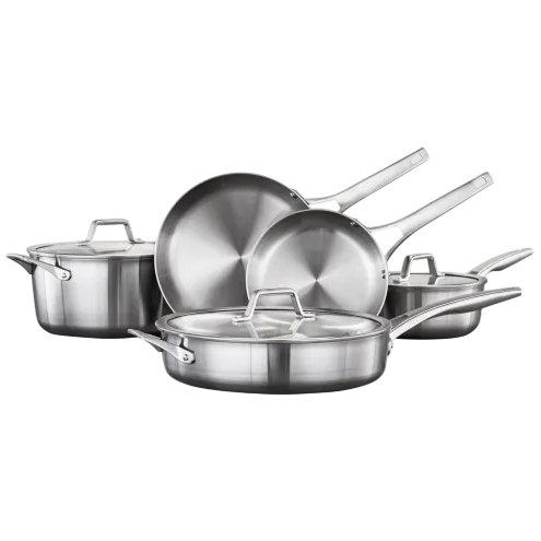 Stainless steel cookware set including a sauté pan, frypans, and saucepans with lids, designed for versatile cooking needs.