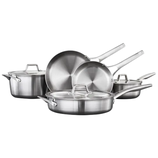 Stainless steel cookware set including a sauté pan, frypans, and saucepans with lids, designed for versatile cooking needs.