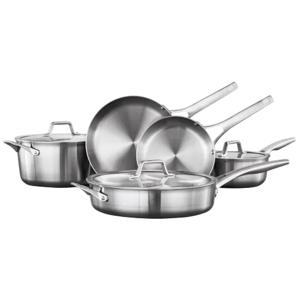 Stainless steel cookware set including a sauté pan, frypans, and saucepans with lids, designed for versatile cooking needs.