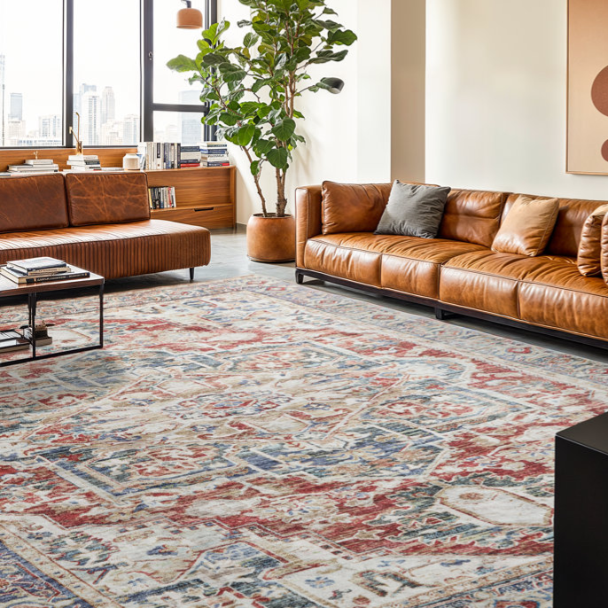 A modern living room features a large patterned rug with blue, red, and beige tones, two brown leather sofas, a tall potted plant, and abstract wall art. A cityscape view is visible through large windows.