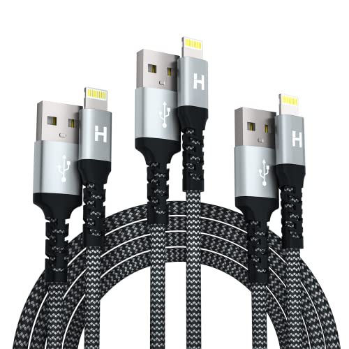 Three black and gray braided lightning cables with USB connectors, featuring enhanced joint protection.