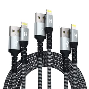 Three black and gray braided lightning cables with USB connectors, featuring enhanced joint protection.
