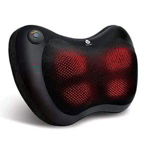 A black electric massager with a red grid pattern, featuring an on/off button and designed for therapeutic use.