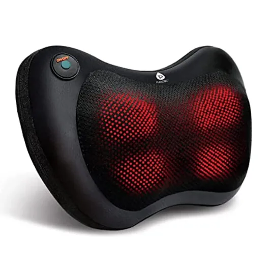 A black electric massager with a red grid pattern, featuring an on/off button and designed for therapeutic use.
